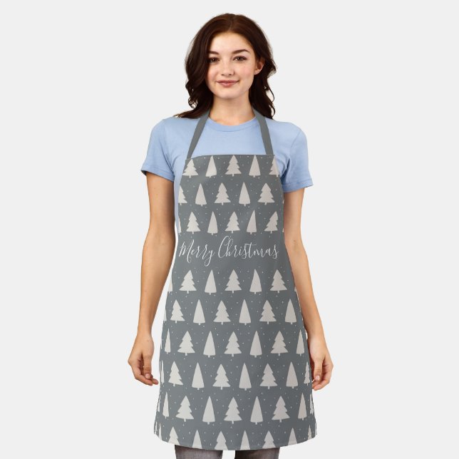 White Christmas trees and snowflakes silver grey Apron (Worn)