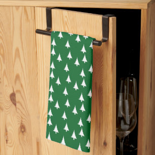 White Christmas Trees Green Tea Towel