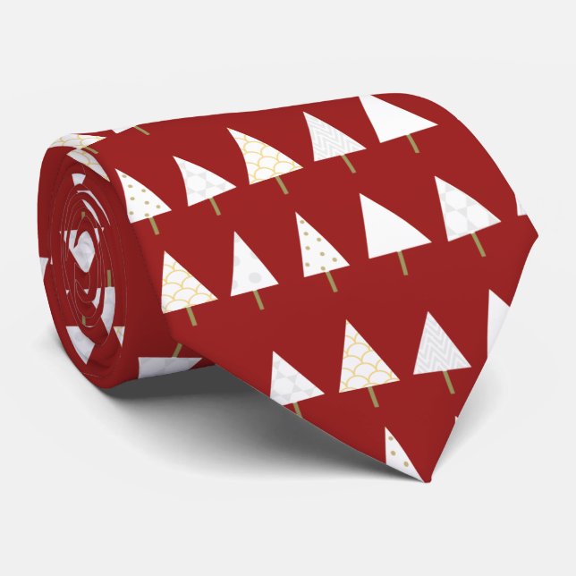 White Christmas Trees on a Red Background Festive Tie (Rolled)