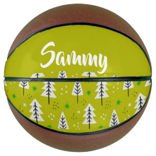 White Christmas trees on green Basketball