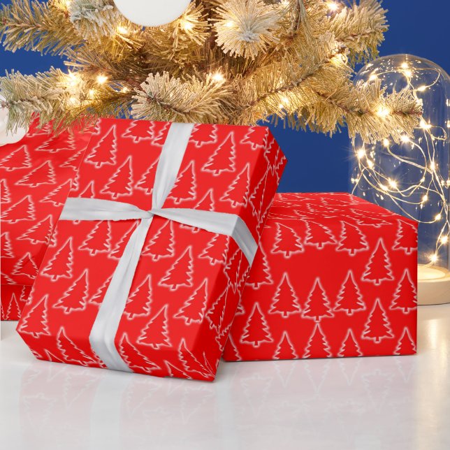 White Christmas Trees on Red Wrapping Paper (Holidays)