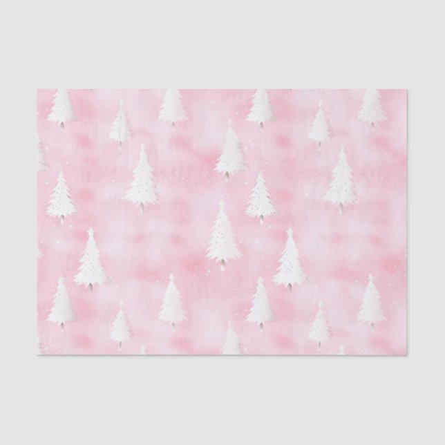 White Christmas Trees Pink Watercolor Tissue Paper (Front)