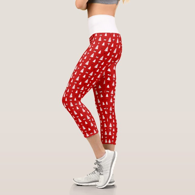 White Christmas Trees with Gifts Pattern High Capri Leggings (Left)