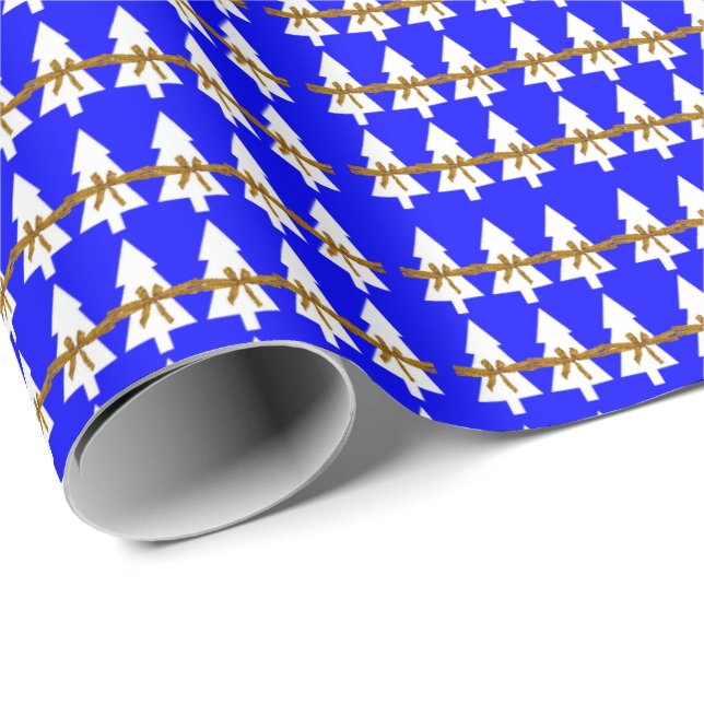 White Christmas Trees Wrapping Paper Blue (Roll Corner)