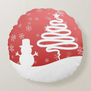 White Christmas Winter Wonderland Snowman Tree Round Cushion