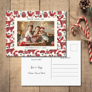 White Christmas Woodland Animals Folk Art Photo Holiday Postcard