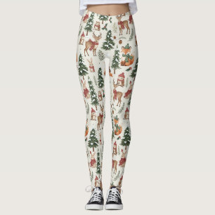 White Christmas Woodland Fox Deer Bunny Pattern Leggings