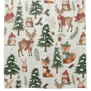 White Christmas Woodland Fox Deer Bunny Pattern Shower Curtain