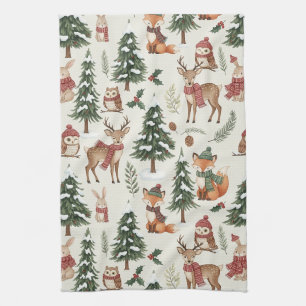 White Christmas Woodland Fox Deer Bunny Pattern Tea Towel