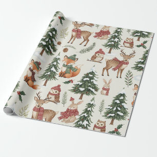 White Christmas Woodland Fox Deer Bunny Pattern Wrapping Paper
