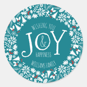 White Christmas Wreath Joy Text Template Classic Round Sticker