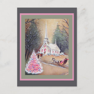 White Church Pink Christmas Tree Sleigh Postcard