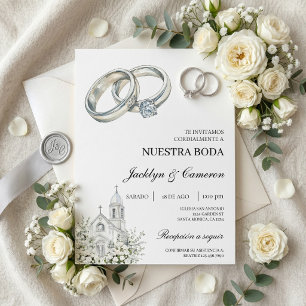 White church with ring Spanish Wedding Invitation