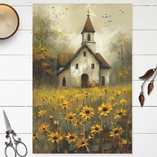 White Church Yellow Wildflowers Rustic Decoupage Tissue Paper