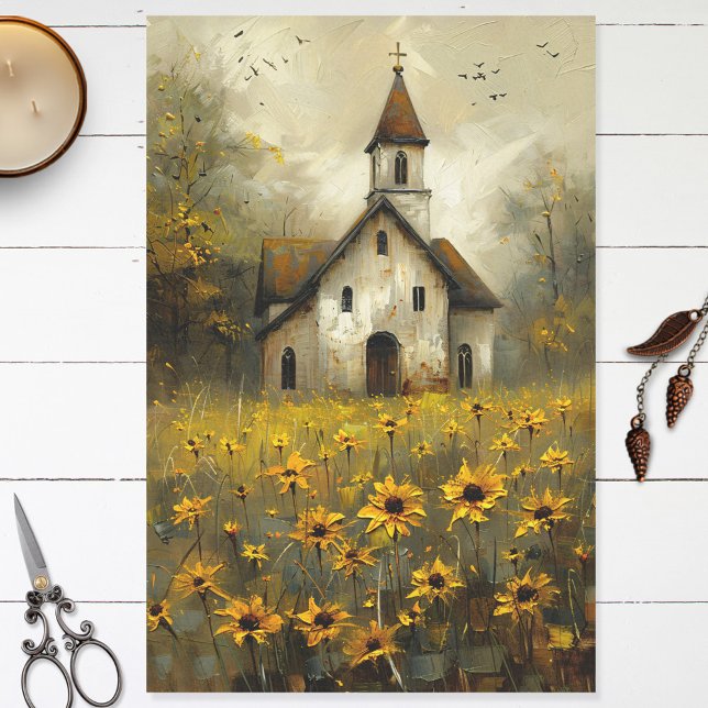 White Church Yellow Wildflowers Rustic Decoupage Tissue Paper (Creator Uploaded)