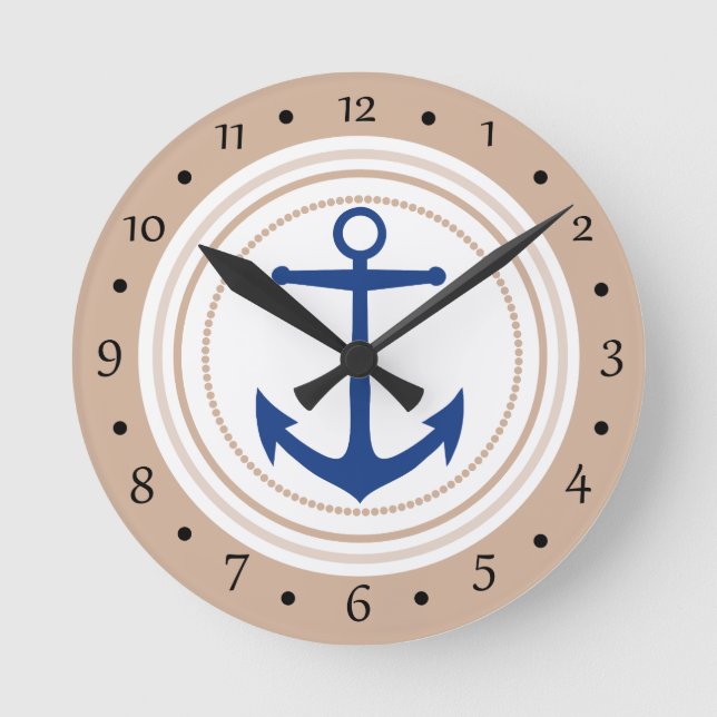 White Circle and Blue Nautical Anchor Custom Clock (Front)