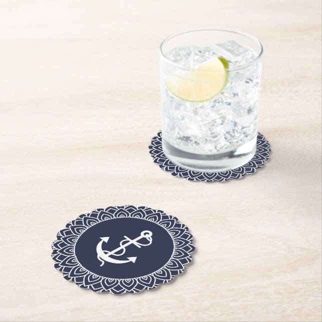 White Circle Mandala & Boat Anchor Paper Coaster (Insitu)