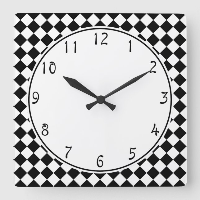 white circle on black chequerboard pattern square wall clock (Front)