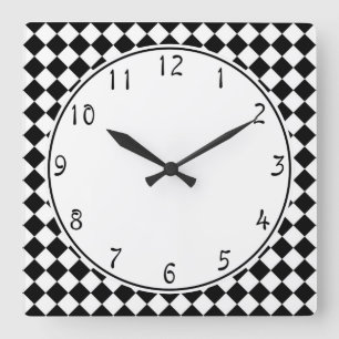 white circle on black chequerboard pattern square wall clock