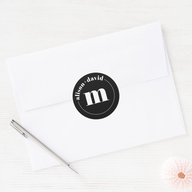 White circle with names and monogram black wedding classic round sticker (Envelope)