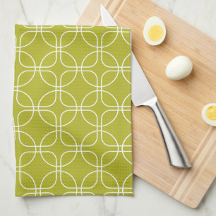 White Circles Squares On Avocado Green Mid-Century Tea Towel