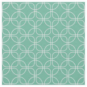 White Circles Squares On Turquoise Blue Midcentury Fabric