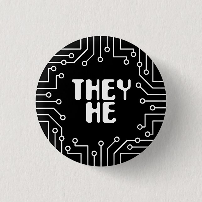 White Circuit Board They/He Pronouns 3 Cm Round Badge (Front)