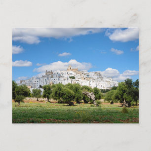 White city Ostuni and olive trees, Puglia postcard