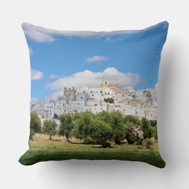 White city Ostuni with olive trees, Puglia pillow (Front)