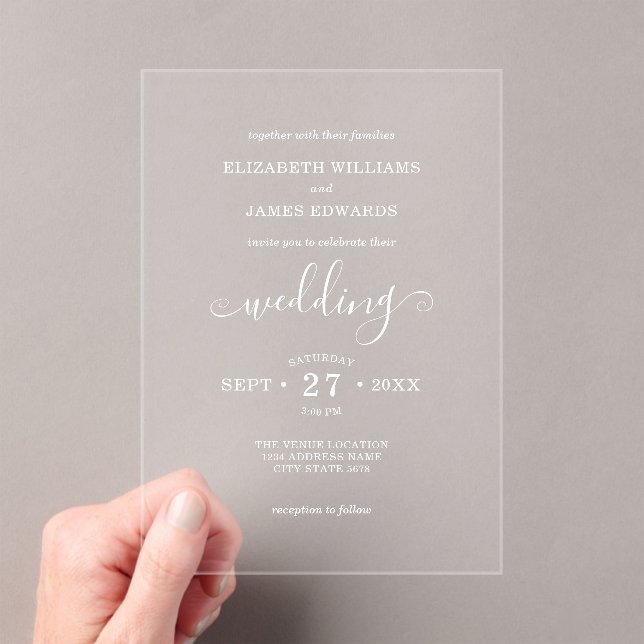 White Classic Bohemian Typography Wedding Acrylic Invitations (Insitu (Handheld))