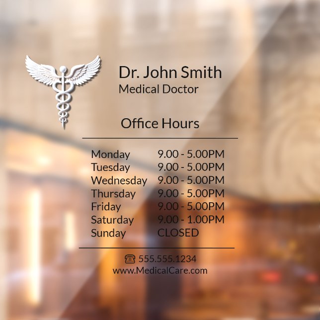 White Clean Medical Caduceus Opening Hours Window Cling (Sheet 2)