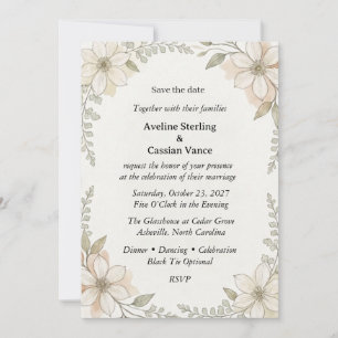White Clematis, Delicate Ferns, Watercolor Foliage Invitation