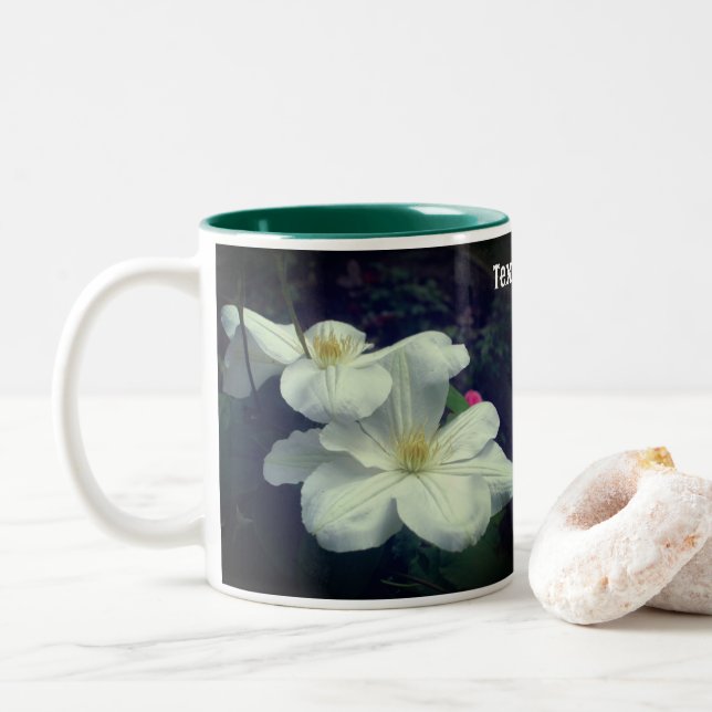 White Clematis Flower Pair Personalised Two-Tone Coffee Mug (With Donut)
