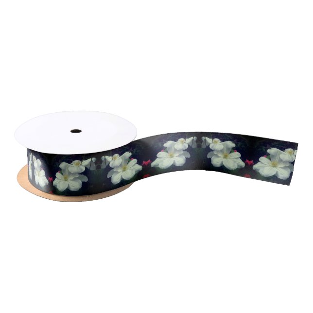 White Clematis Flower Pair  Satin Ribbon (Spool)