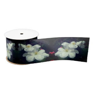 White Clematis Flower Pair  Satin Ribbon