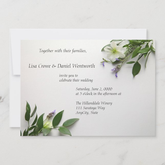 White clematis, leaves and lavender invitation (Front)