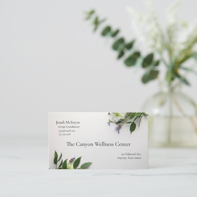 White clematis, leaves, lavender business card (Standing Front)