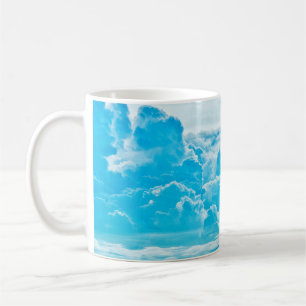 white clouds and bright blue sky background, pano coffee mug
