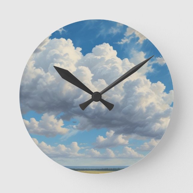 White Clouds and Clear Blue Sky Round Clock (Front)
