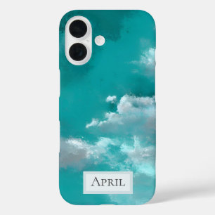 White Clouds on Turquoise iPhone 16 Case
