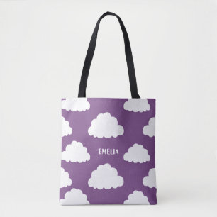 White Clouds Pattern Personalised Purple Tote Bag