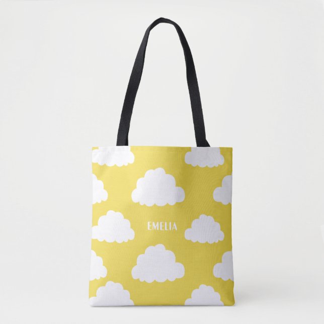 White Clouds Pattern Personalised Yellow Tote Bag (Front)