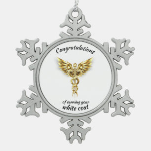 White Coat Ceremony Gold Medical  Snowflake Pewter Christmas Ornament