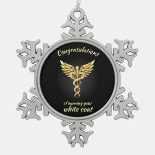 White Coat Ceremony Gold Medical  Snowflake Pewter Christmas Ornament