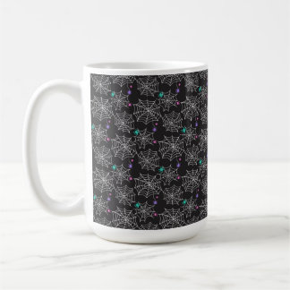 WHITE COBWEBS WITH PINK PURPLE GREEN SPIDERS COFFEE MUG