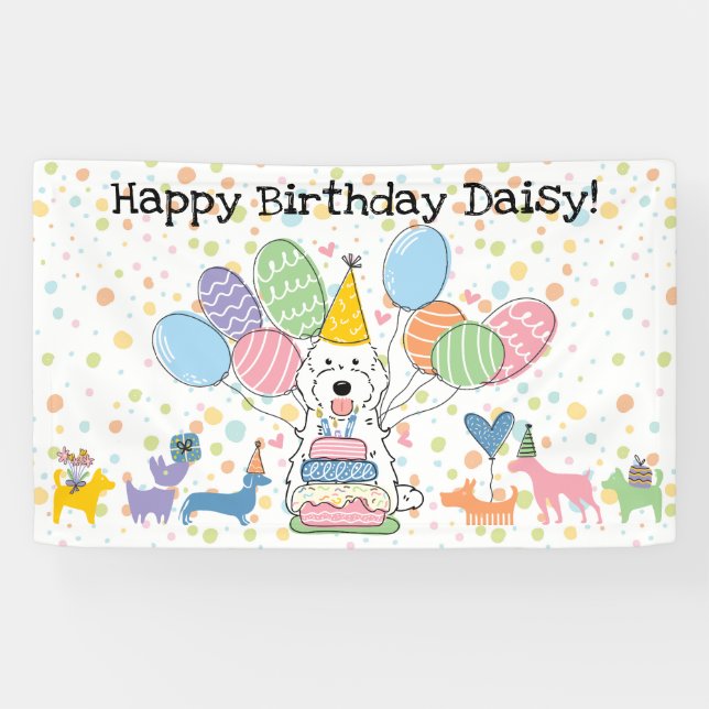 White Cockapoo Cavapoo Dog Birthday Party Banner (Horizontal)