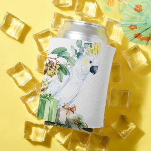 White Cockatoo Presents Merry Christmas Can Cooler