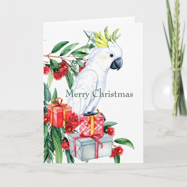 White Cockatoo Presents Merry Christmas Holiday Card (Front)