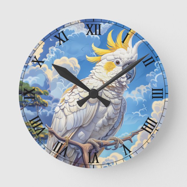 White cockatoo round clock (Front)