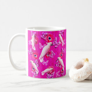 White Cockatoos, Butterflies And Pink Poppies, Coffee Mug